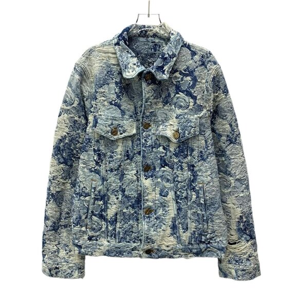 Louis Vuitton Blue Floral Distressed Denim Jacket Size 50 L 100% Cotton Long-Sle - Picture 1 of 8
